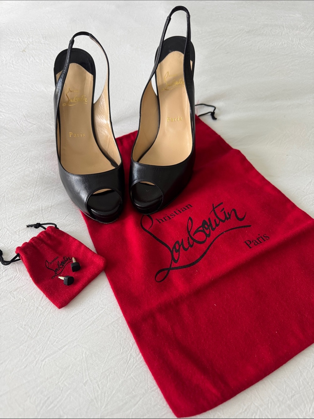 Christian Louboutin Black Leather Peep-Toe Slingback Pumps